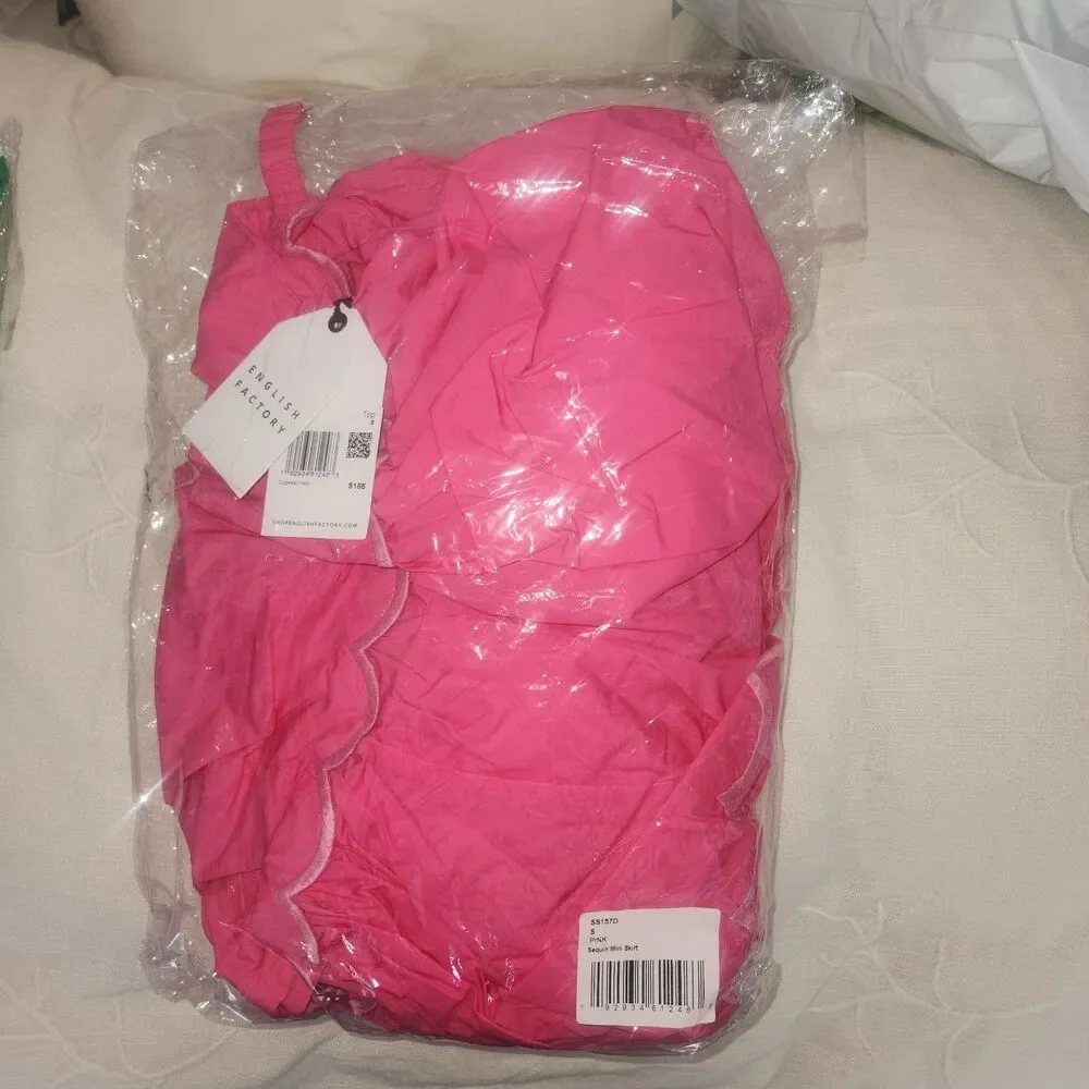 NWT English Factory x Anthropologie Pink Scallop Tiered Dress Puff Sleeve Small - Picture 2 of 5